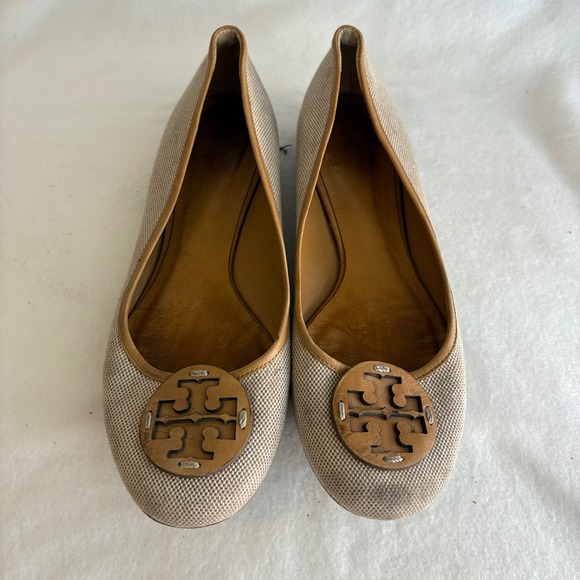 Tory Burch Shoes - Tory Burch Reva Ballet Flats Tan Canvas Leather Logo Medallion Size 7M